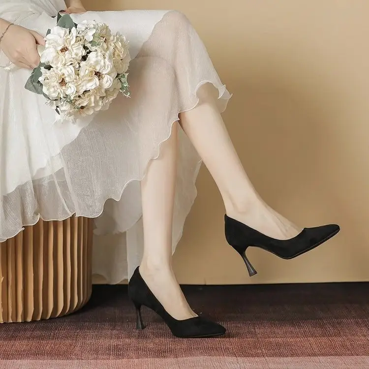 2025 New High Heels Women's Spring Black Stiletto Heel Pointed Shallow Vat Suede Professional plus size Elegant Single Shoes for Women - Image 6