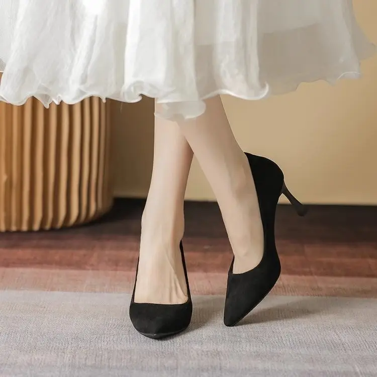 2025 New High Heels Women's Spring Black Stiletto Heel Pointed Shallow Vat Suede Professional plus size Elegant Single Shoes for Women - Image 7