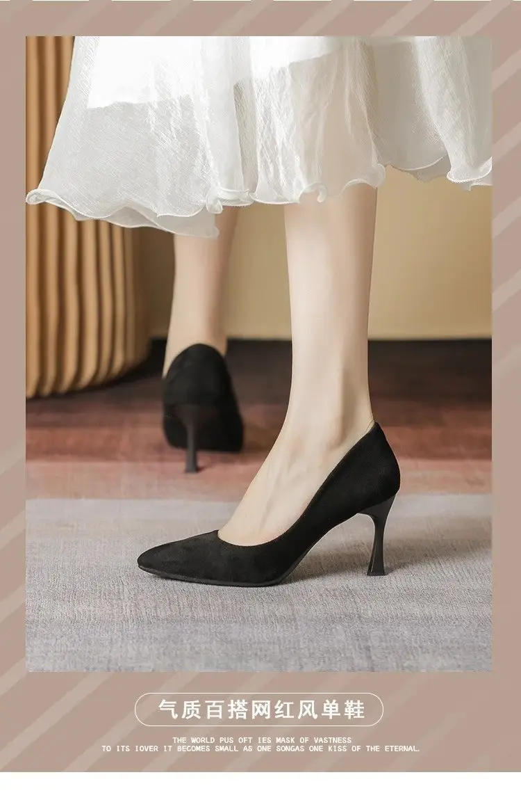 2025 New High Heels Women's Spring Black Stiletto Heel Pointed Shallow Vat Suede Professional plus size Elegant Single Shoes for Women — feature 1