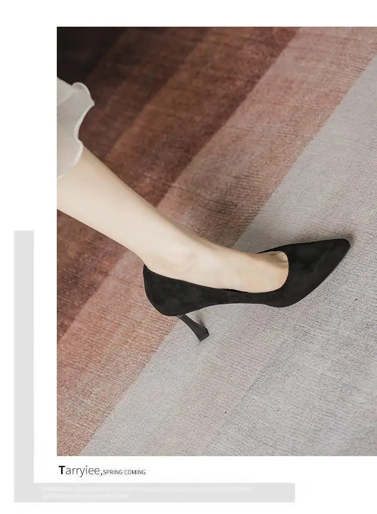 2025 New High Heels Women's Spring Black Stiletto Heel Pointed Shallow Vat Suede Professional plus size Elegant Single Shoes for Women — feature 10