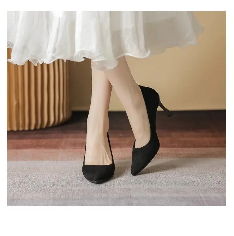 2025 New High Heels Women's Spring Black Stiletto Heel Pointed Shallow Vat Suede Professional plus size Elegant Single Shoes for Women — feature 11