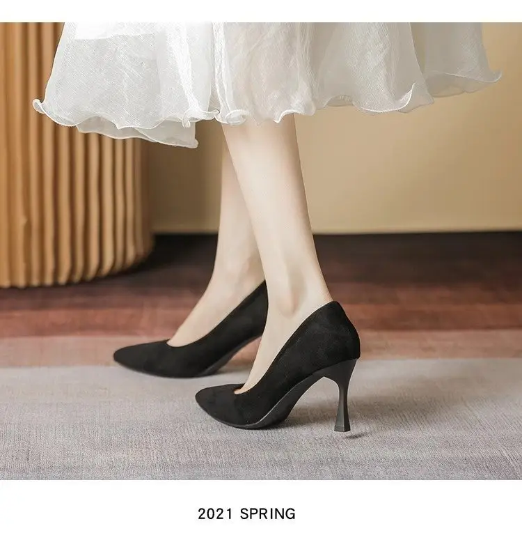 2025 New High Heels Women's Spring Black Stiletto Heel Pointed Shallow Vat Suede Professional plus size Elegant Single Shoes for Women — feature 13