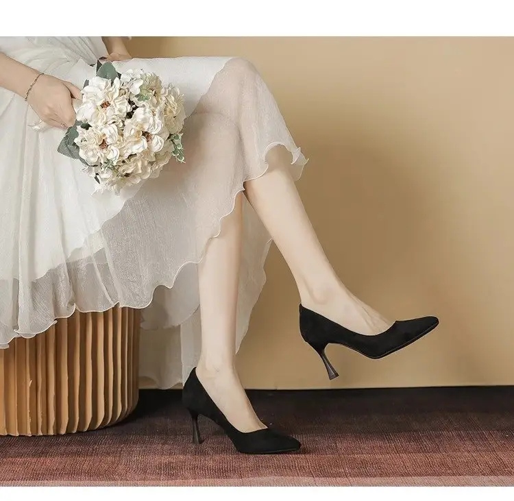 2025 New High Heels Women's Spring Black Stiletto Heel Pointed Shallow Vat Suede Professional plus size Elegant Single Shoes for Women — feature 14
