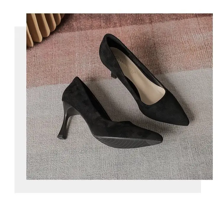 2025 New High Heels Women's Spring Black Stiletto Heel Pointed Shallow Vat Suede Professional plus size Elegant Single Shoes for Women — feature 15