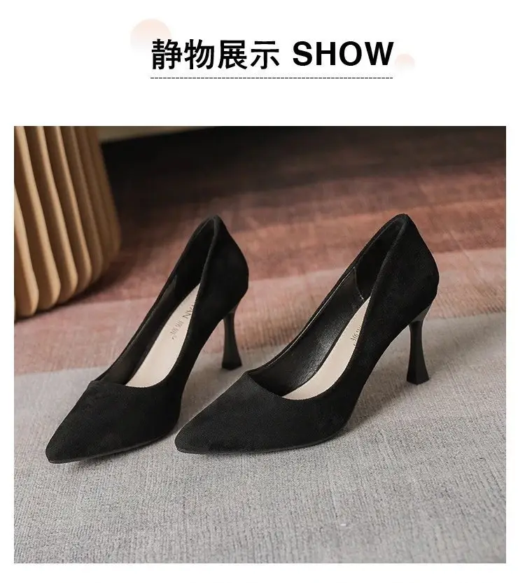 2025 New High Heels Women's Spring Black Stiletto Heel Pointed Shallow Vat Suede Professional plus size Elegant Single Shoes for Women — feature 16