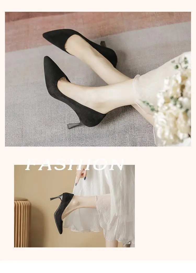 2025 New High Heels Women's Spring Black Stiletto Heel Pointed Shallow Vat Suede Professional plus size Elegant Single Shoes for Women — feature 2