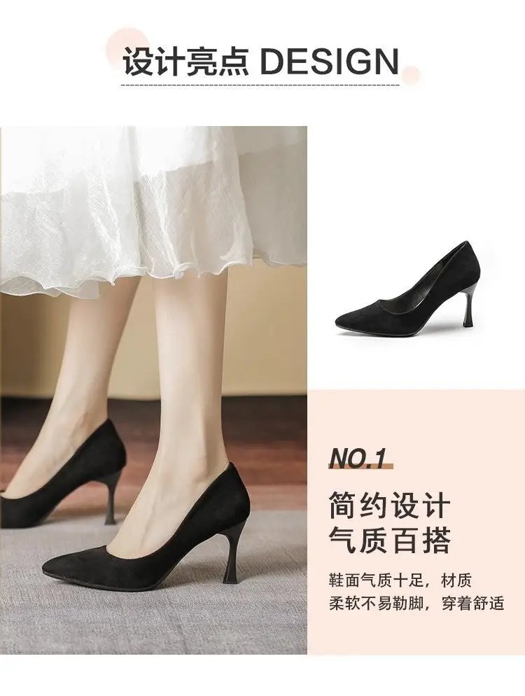2025 New High Heels Women's Spring Black Stiletto Heel Pointed Shallow Vat Suede Professional plus size Elegant Single Shoes for Women — feature 3