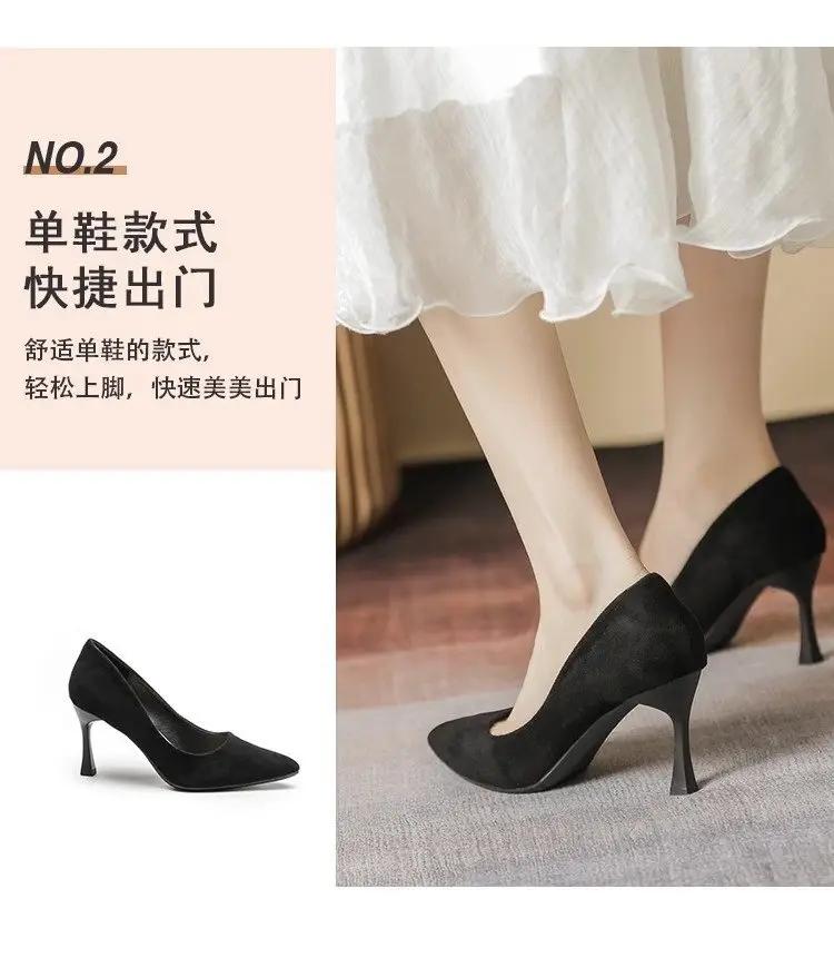 2025 New High Heels Women's Spring Black Stiletto Heel Pointed Shallow Vat Suede Professional plus size Elegant Single Shoes for Women — feature 4