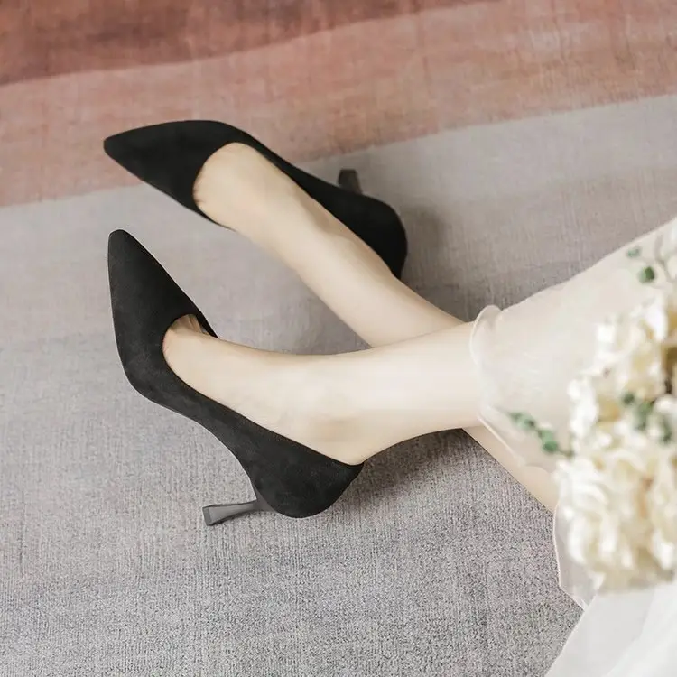 2025 New High Heels Women's Spring Black Stiletto Heel Pointed Shallow Vat Suede Professional plus size Elegant Single Shoes for Women - Image 2