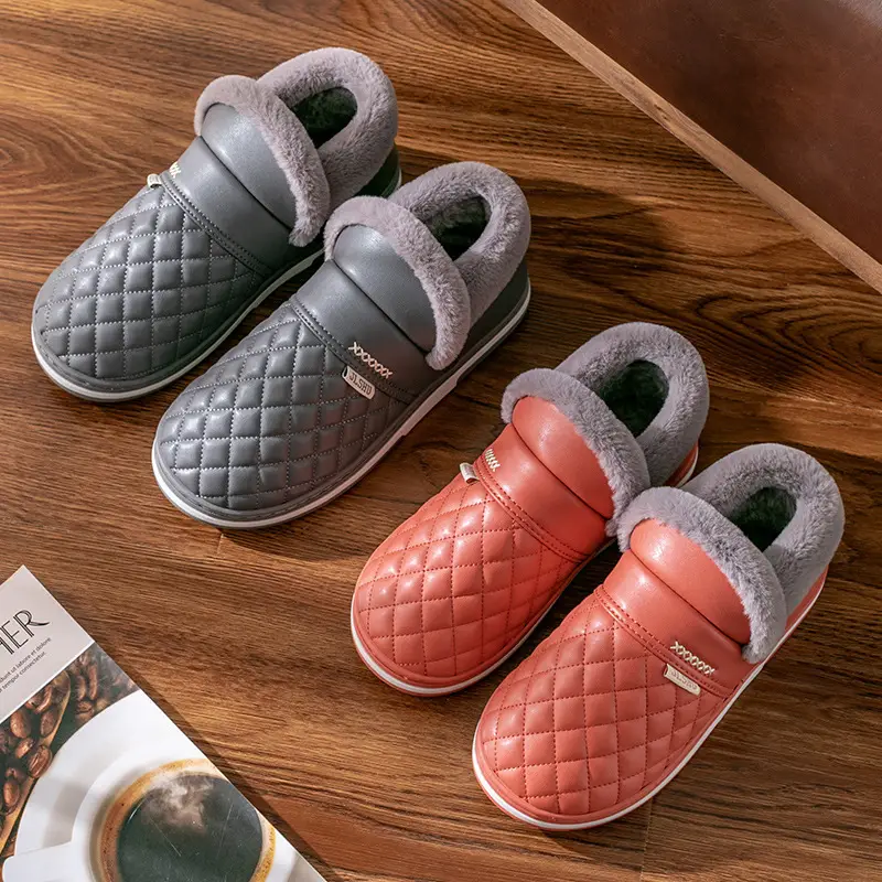 Waterproof Cotton Slippers for Women Winter Bag Heel Indoor Home Elderly Fleece-Lined Thickeneded Cotton Shoes Men's Outer Wear Cotton Shoes Confinement Shoes