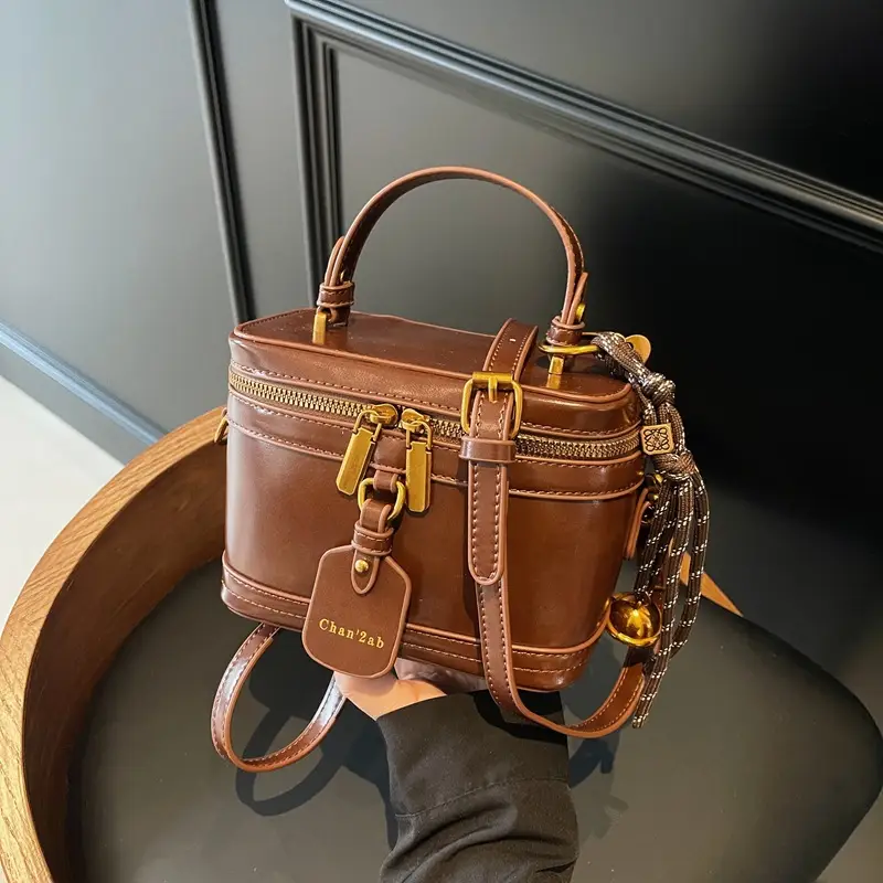 Brown Leather Crossbody Bag for Women with Gold Zippers