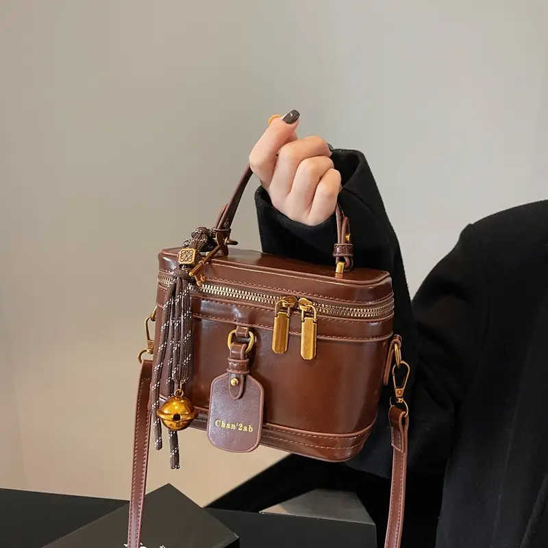 Brown Leather Crossbody Bag for Women with Gold Zippers