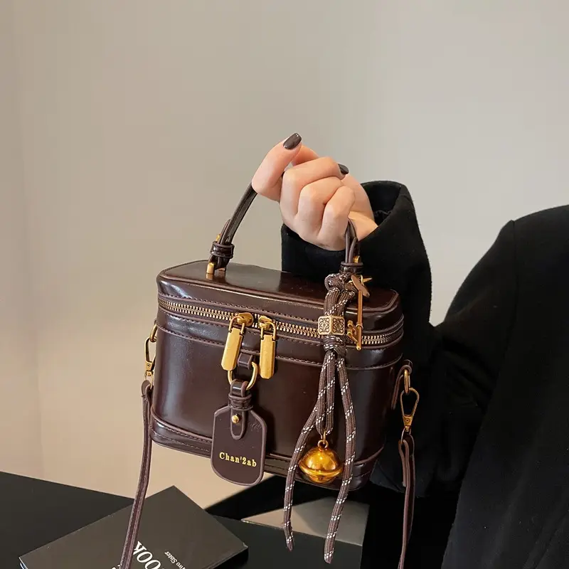 Brown Leather Crossbody Bag for Women with Gold Zippers