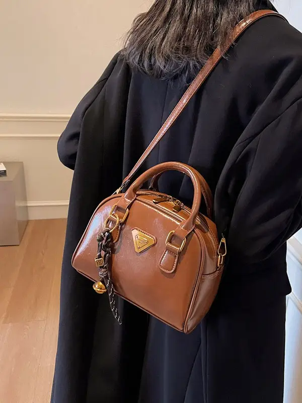 Women's Brown Leather Crossbody Bag with Chain Strap