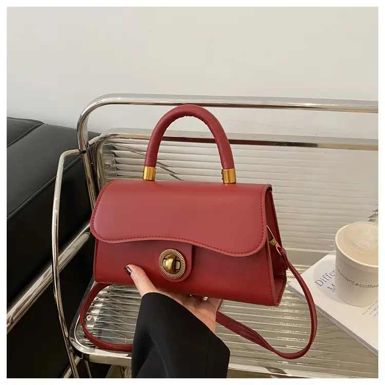 Women's Red Textured Shoulder Bag with Gold Clasp - Image 3