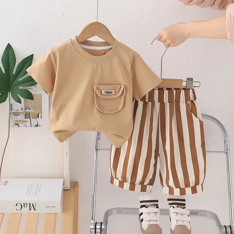 Boys T-shirt Shorts Set Summer 2025 Cotton Beige Brown - Image 2