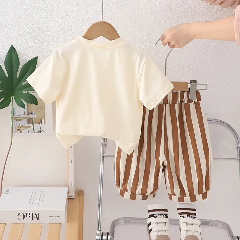 Boys T-shirt Shorts Set Summer 2025 Cotton Beige Brown - Image 4