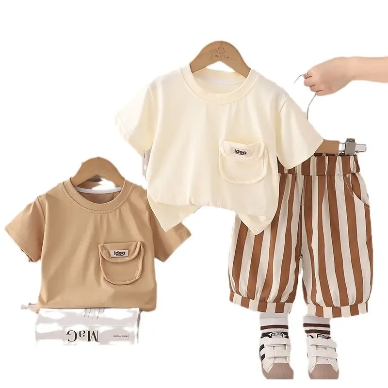 Boys T-shirt Shorts Set Summer 2025 Cotton Beige Brown - Image 5