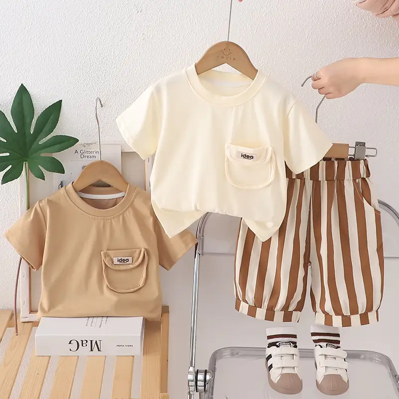 Boys T-shirt Shorts Set Summer 2025 Cotton Beige Brown — feature 2