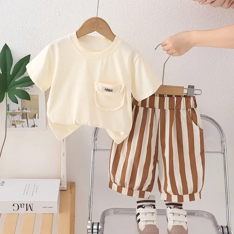 Boys T-shirt Shorts Set Summer 2025 Cotton Beige Brown — feature 3