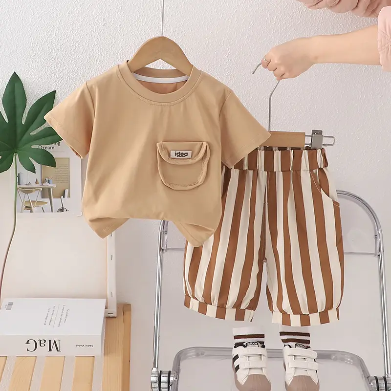 Boys T-shirt Shorts Set Summer 2025 Cotton Beige Brown — feature 4