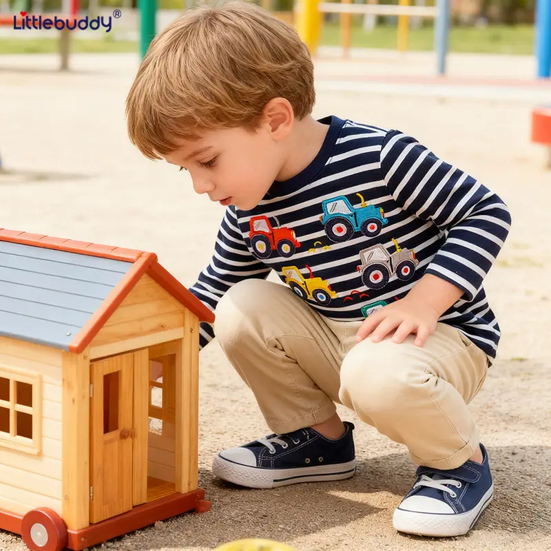 Long Sleeve T-Shirt Striped Car Print Boys Girls 2024 - Image 3
