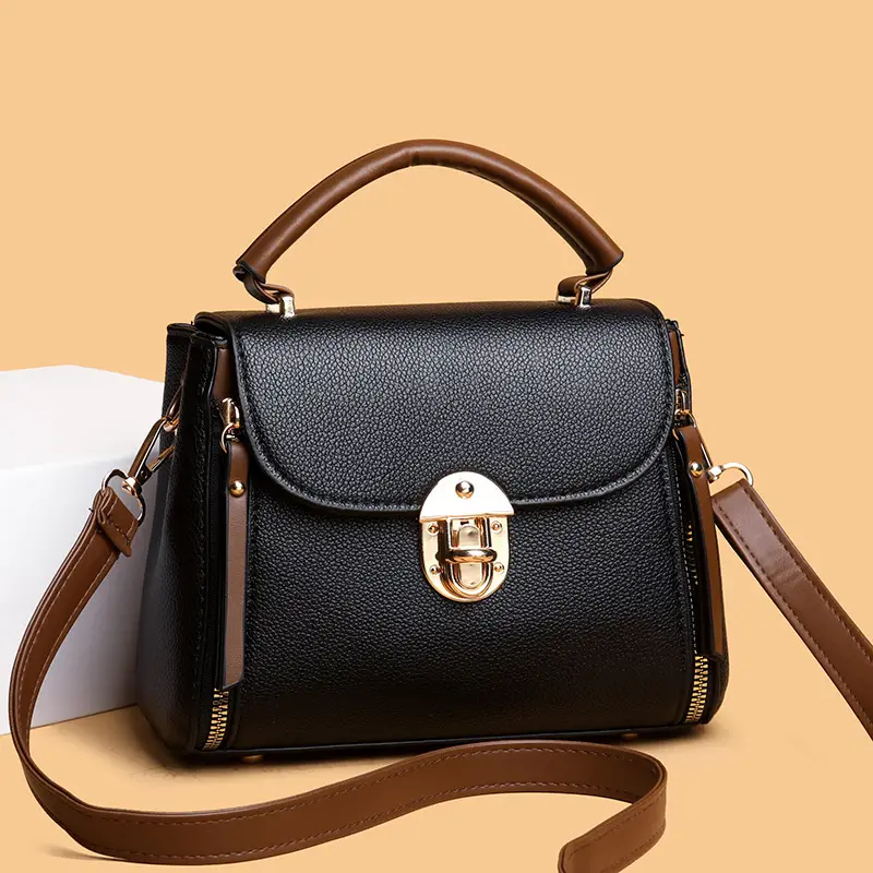 Women's Black PU Shoulder Bag with Gold Clasp - Image 4