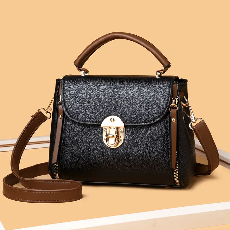 Women's Black PU Shoulder Bag with Gold Clasp - Image 7
