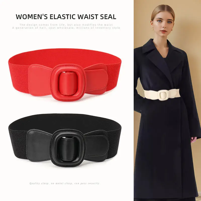Women's Red Elastic Waist Belt with Buckle - Image 7