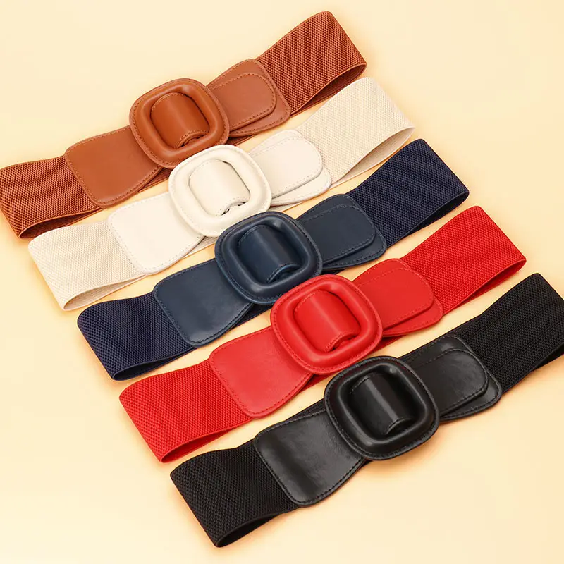 Women's Red Elastic Waist Belt with Buckle - Image 8