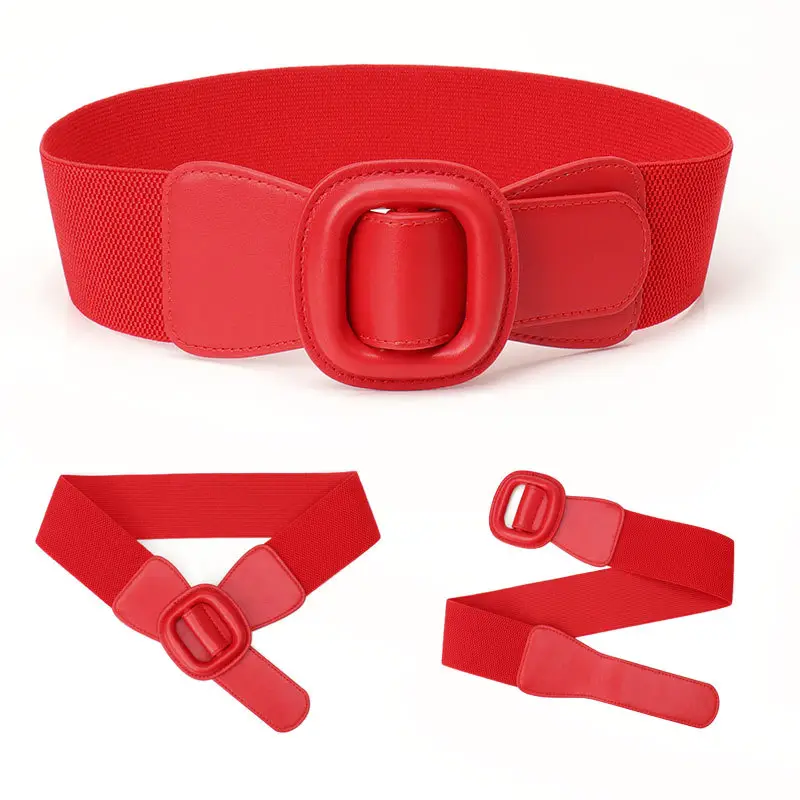 Women's Red Elastic Waist Belt with Buckle - Image 9