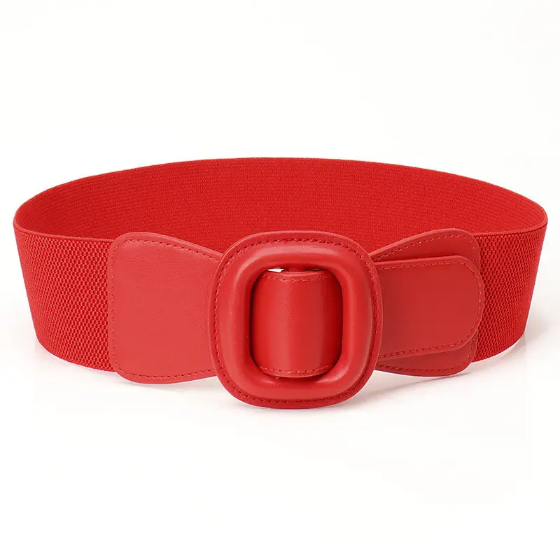 Women's Red Elastic Waist Belt with Buckle - Image 4