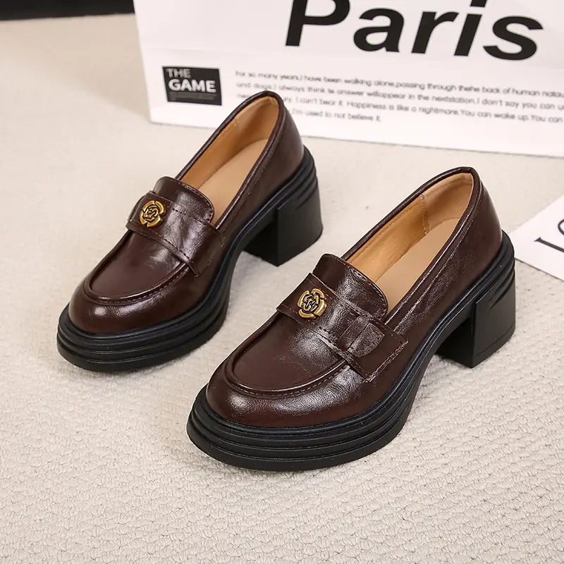 British Style Thick Bottom Small Leather Shoes Women's Soft Leather Thick Heel Loafers 2025 New Spring High Heel Lazy Women's Single Shoes - Image 2