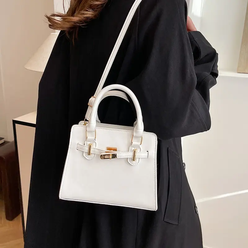 White Women's Shoulder Crossbody Bag with Gold Hardware - Image 6