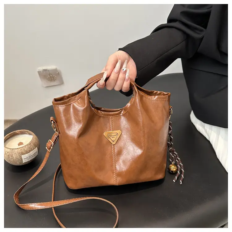 Vintage Brown Leather Tote Bag with Gold Plated Logo