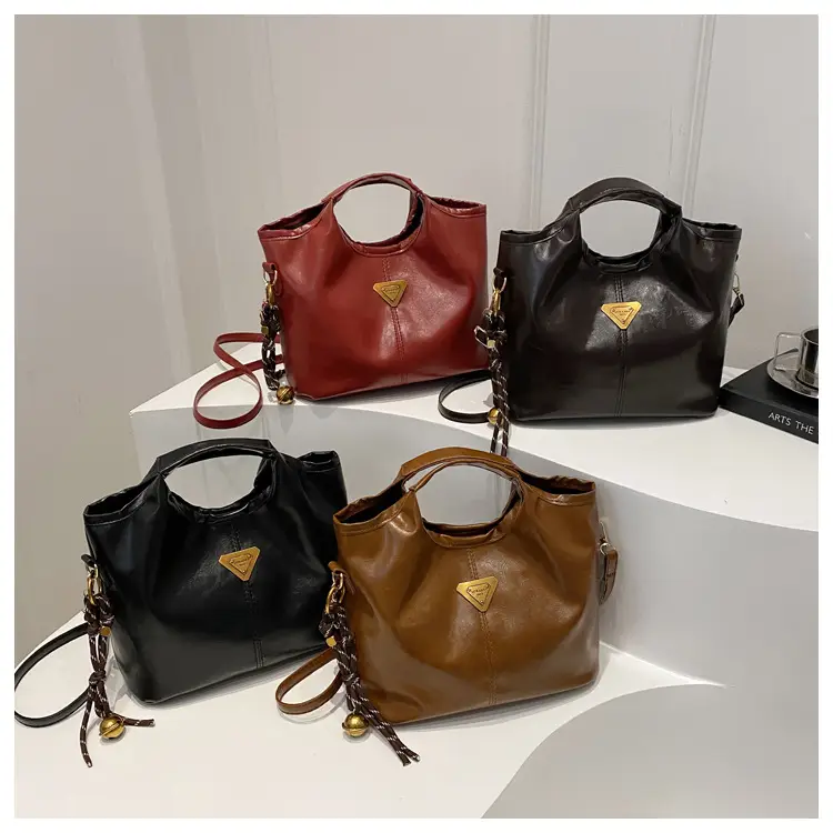 Vintage Brown Leather Tote Bag with Gold Plated Logo