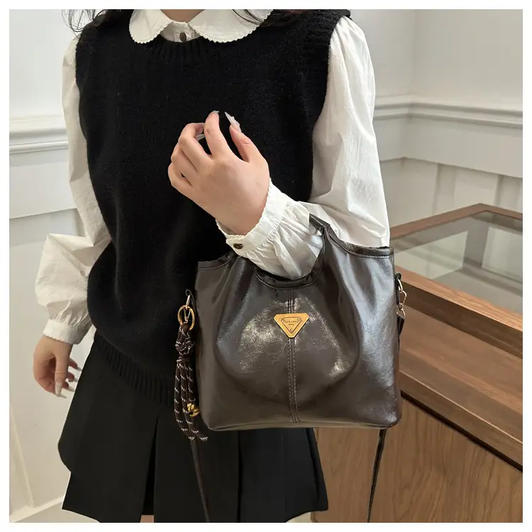 Vintage Brown Leather Tote Bag with Gold Plated Logo