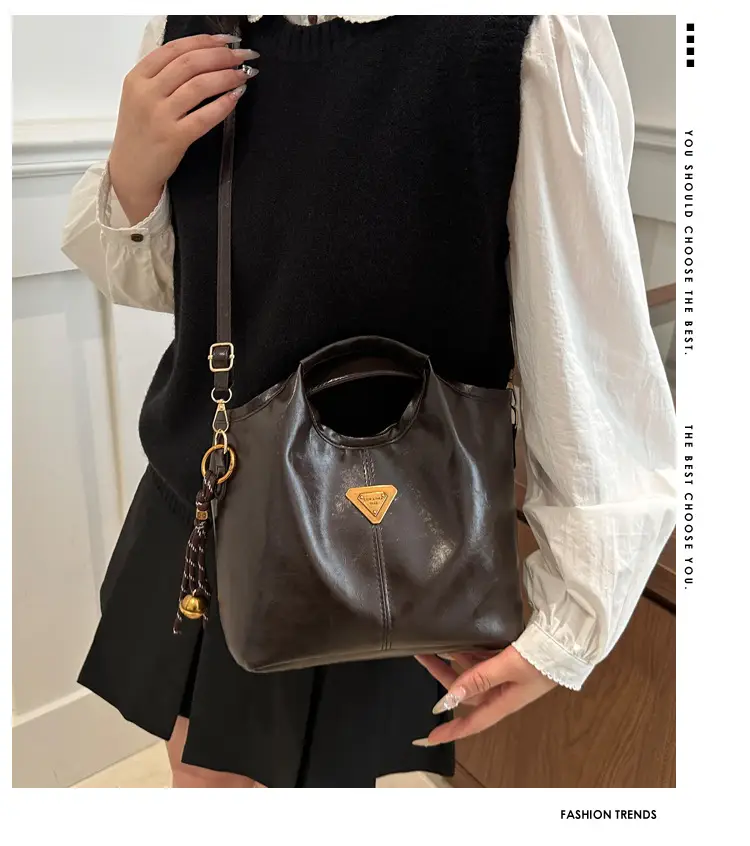 Vintage Brown Leather Tote Bag with Gold Plated Logo — feature 2