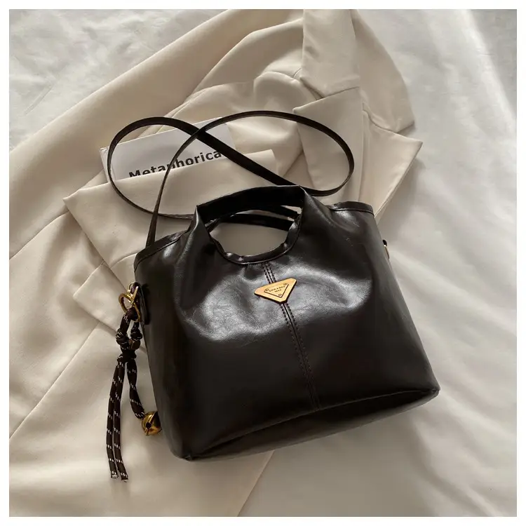 Vintage Brown Leather Tote Bag with Gold Plated Logo