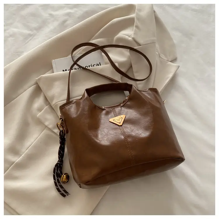 Vintage Brown Leather Tote Bag with Gold Plated Logo
