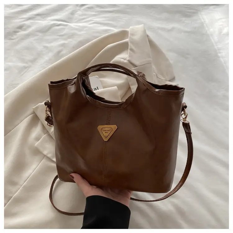 Vintage Brown Leather Tote Bag with Gold Plated Logo