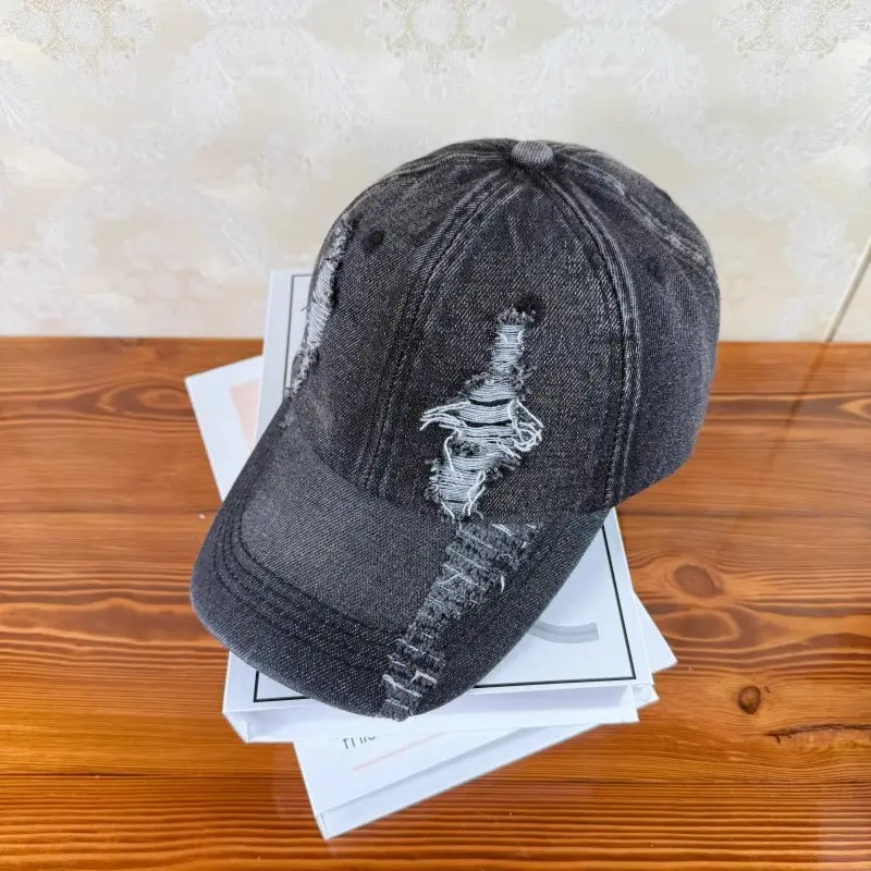 Women Ripped Denim Baseball Cap Peaked Hat - Image 5