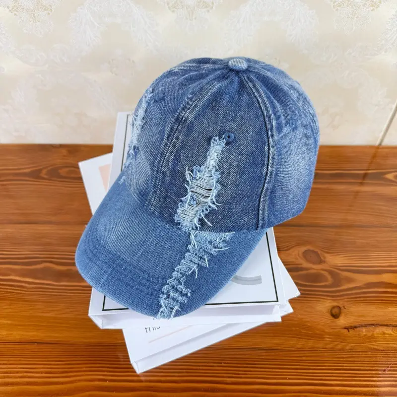 Women Ripped Denim Baseball Cap Peaked Hat - Image 2