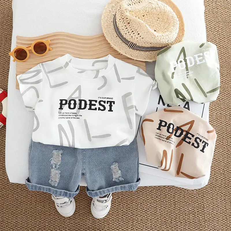 Boy's English Print Denim Shorts Set Summer - Image 4
