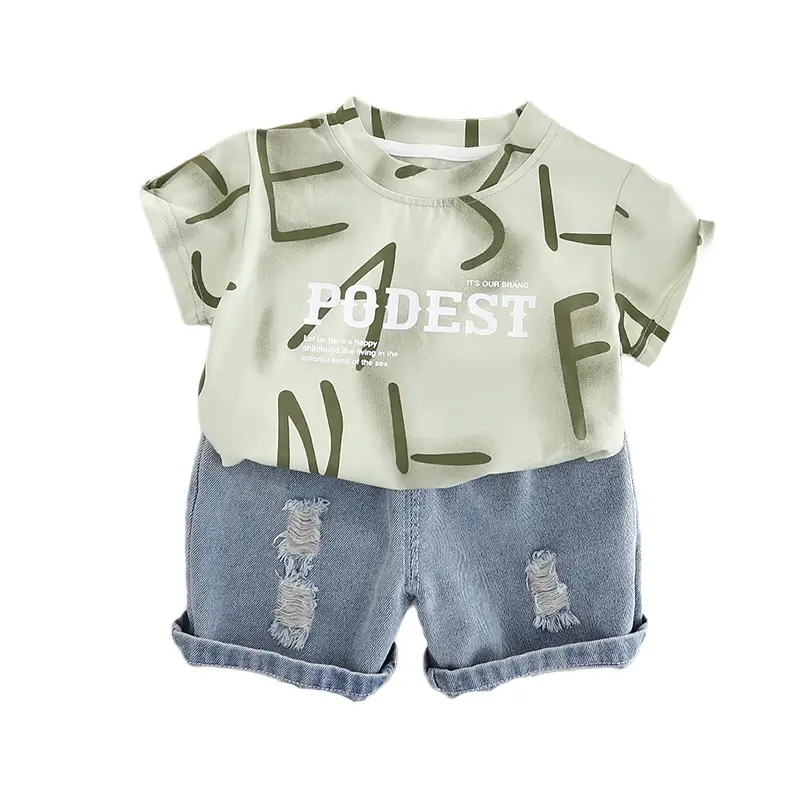 Boy's English Print Denim Shorts Set Summer - Image 2