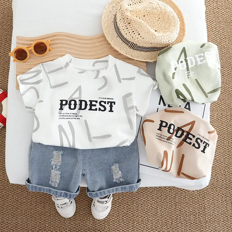 Boy's English Print Denim Shorts Set Summer — feature 2