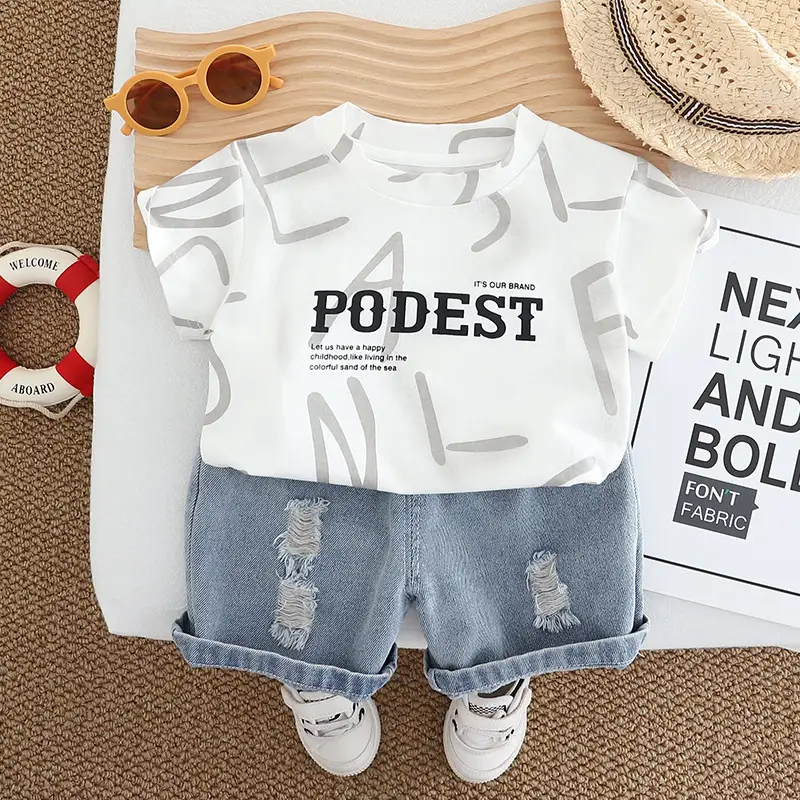 Boy's English Print Denim Shorts Set Summer — feature 3