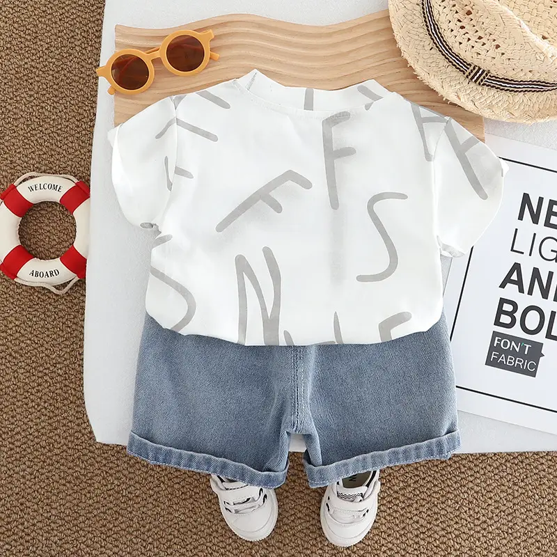 Boy's English Print Denim Shorts Set Summer — feature 5