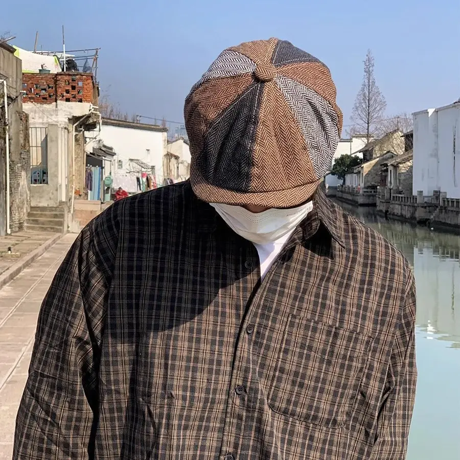 Men's Plaid Beret Hat with Face Mask