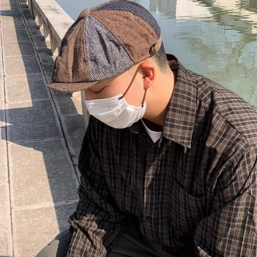 Men's Plaid Beret Hat with Face Mask